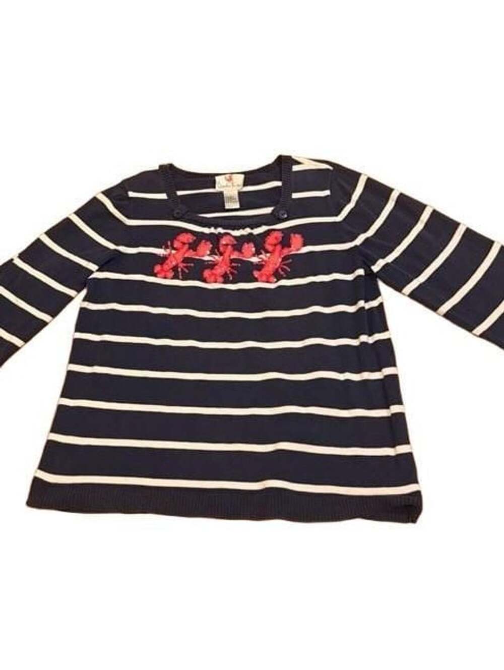 Quacker Factory Striped Lobster Sweater Size L Blue White Sequin Applique